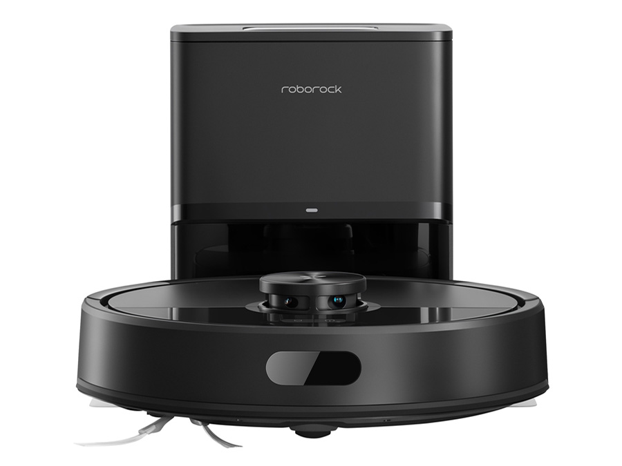 Saugroboter Roborock Q7 TF + Schwarz auf weißem Hintergrund mit Ladestation, Frontansicht