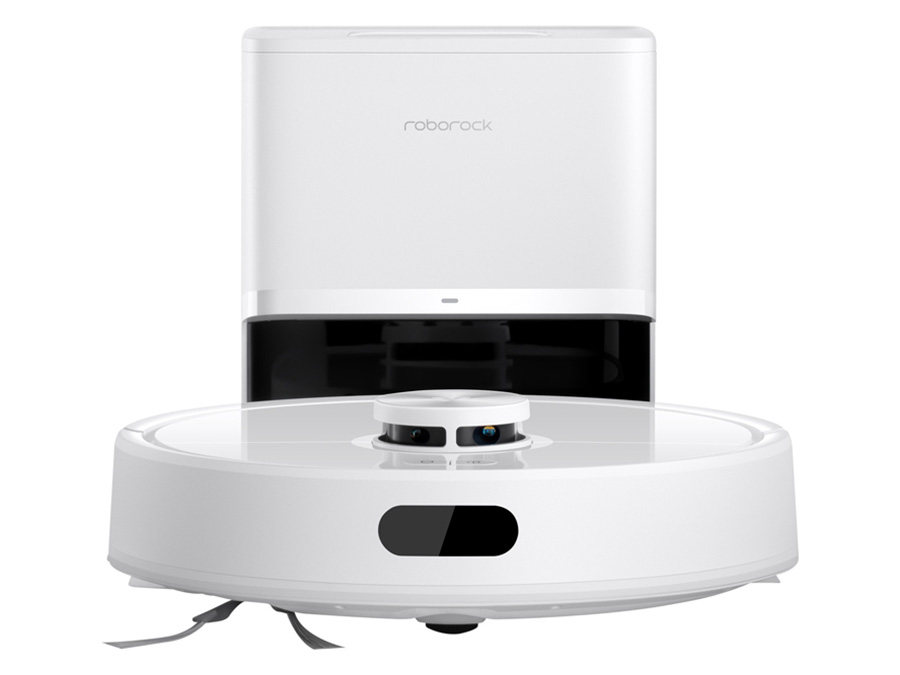 Saugroboter Roborock Q7 TF + Weiß auf weißem Hintergrund mit Ladestation, Frontansicht