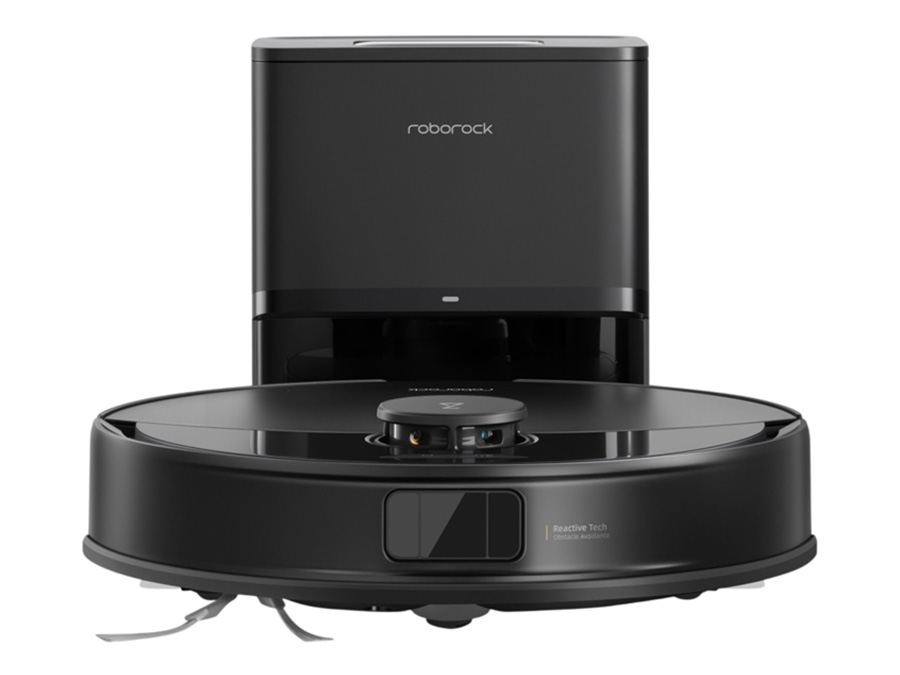 Saugroboter Roborock Q10 in der Lade- und Reinigungsstation, Frontansicht mit Geräte-Details