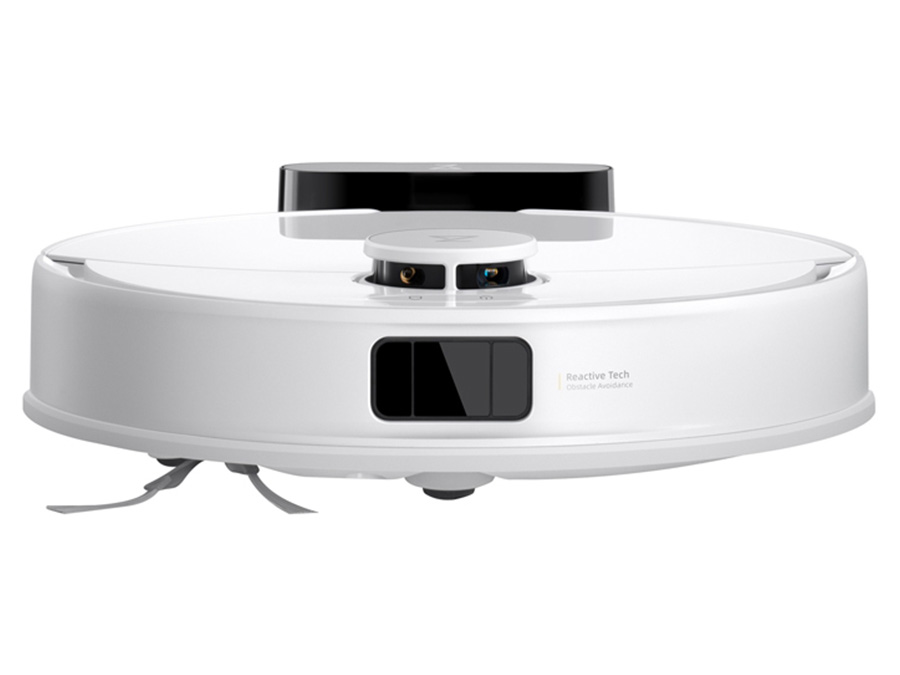 Frontansicht des Staubsaugerroboters Roborock Q10 PF White mit sichtbarer Kamera und Ladestation