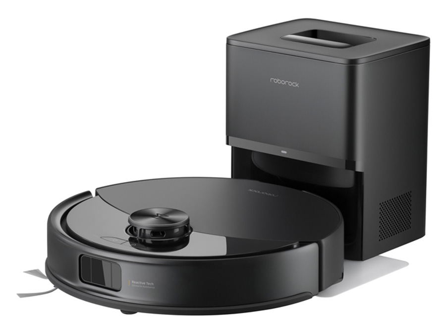 Staubsaugerroboter Roborock Q10 VF+ Schwarz auf weißem Hintergrund mit Ladestation