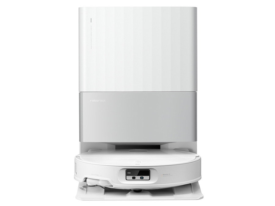 Saugroboter Roborock Qrevo Edge T Weiß dockt an die Reinigungs-/Ladestation an, Frontansicht des kompletten Sets