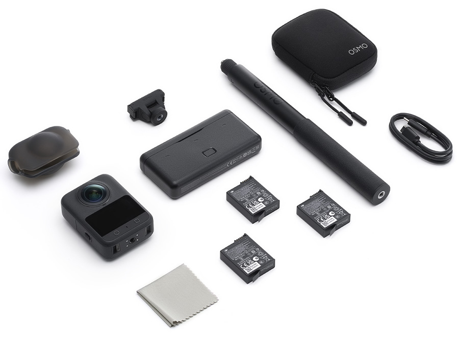 Komplettset DJI Osmo 360 Adventure Combo: Action-Kamera mit 360°-Objektiv, Objektivschutz, drei Akkus, Ladegerät, Verlängerungshandgriff, Montageadapter, Tasche, USB-C-Kabel und Reinigungstuch