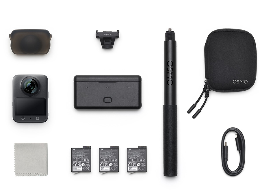 Vollständiges DJI Osmo 360 Adventure Combo Set: Actionkamera mit 360°-Objektiv, Objektivschutz, drei Akkus, Ladegerät, ausziehbarer Griff, Montageadapter, Etui, USB-C-Kabel und Reinigungstuch