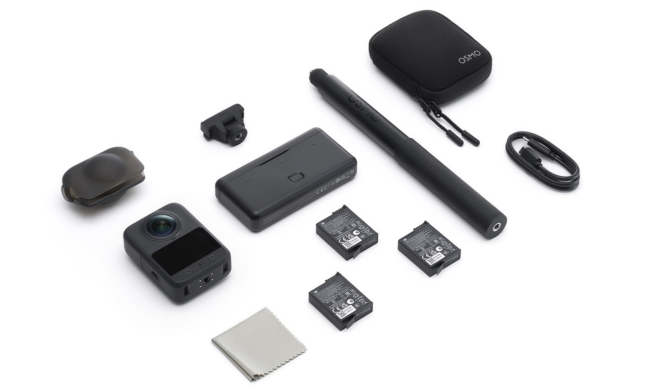 Komplettset DJI Osmo 360 Adventure Combo: Action-Kamera mit 360°-Objektiv, Objektivschutz, drei Akkus, Ladegerät, Verlängerungshandgriff, Montageadapter, Tasche, USB-C-Kabel und Reinigungstuch