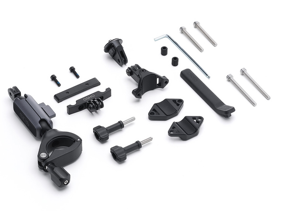 DJI Osmo Montagekit für die Kamera am Hinterrad des Fahrrads Bild vor weißem Hintergrund