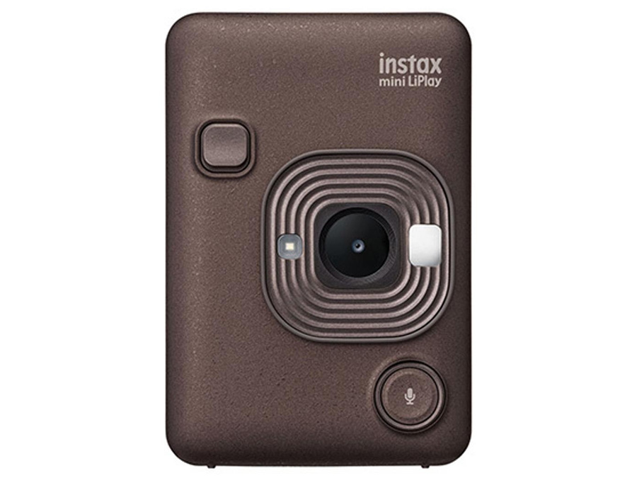 Vorderseite der Fujifilm Instax mini LiPlay Kamera mit Objektiv und Aufnahmeknopf