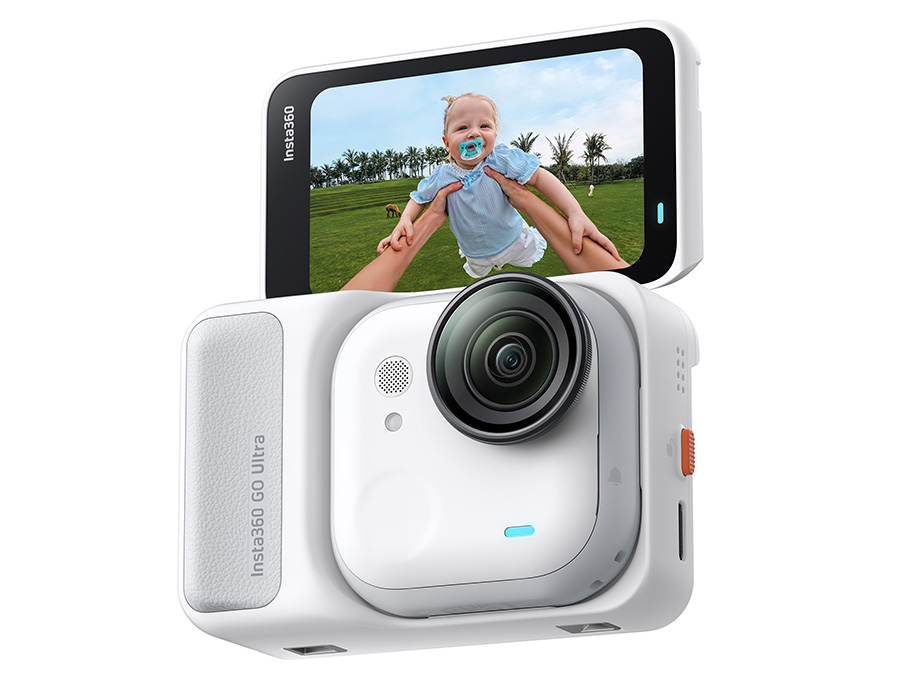 Sportkamera Insta360 GO Ultra Arctic White mit Display, das eine Aufnahme zeigt – Produktansicht mobil