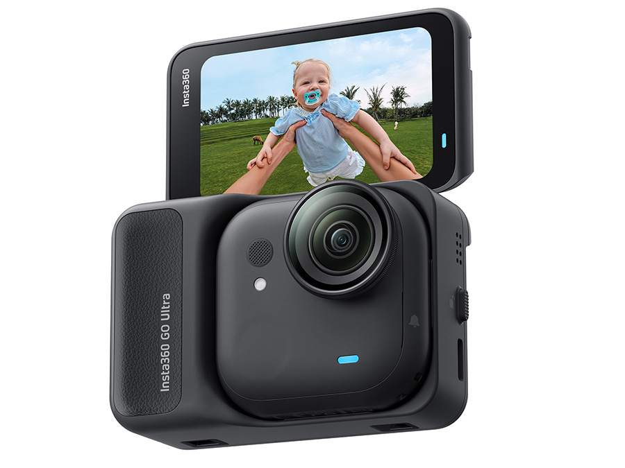 Sportkamera Insta360 GO Ultra Midnight Black mit Display, das eine Aufnahme zeigt – Produktansicht mobil