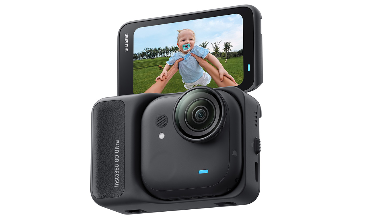 Sportkamera Insta360 GO Ultra Midnight Black mit Display, das eine Aufnahme zeigt – Produktansicht