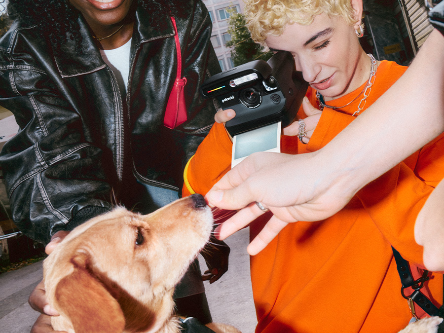 Person in orangefarbenem Pullover hält schwarze Sofortbildkamera Polaroid Flip, die frisch gedrucktes Foto ausgibt, neben einem Hund, der an ausgestreckter Hand schnuppert