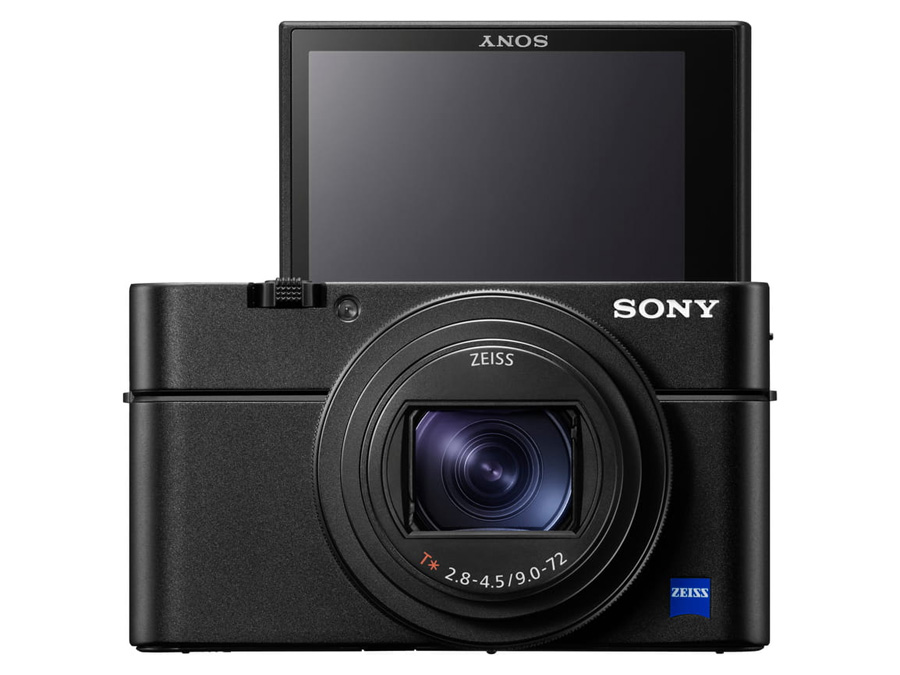 Vorderseite des kompakten Sony RX100 VII mit ausgefahrenem klappbarem Bildschirm